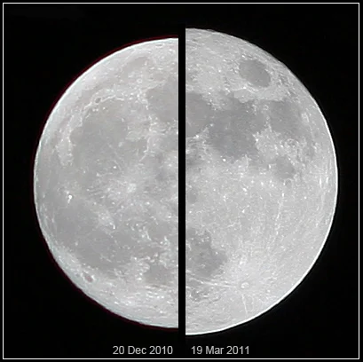 Appearance of an ‘average’ moon versus a supermoon. - Image Credit: Marcoaliaslama , CC BY-SA