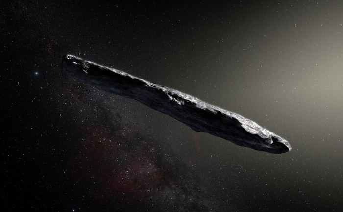 Artist’s impression of the first interstellar asteroid, "Oumuamua". This unique object was discovered on 19 October 2017 by the Pan-STARRS 1 telescope in Hawaii. - Image Credit: ESO/M. Kornmesser