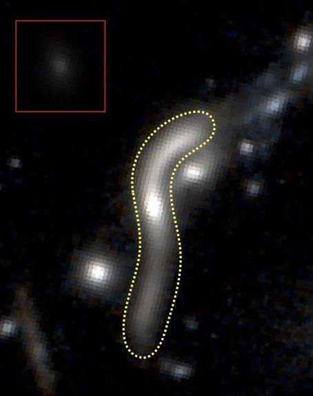 The quiescent galaxy eMACSJ1341-QG-1 as seen by the Hubble Space Telescope. The yellow dotted line traces the boundaries of the galaxy’s gravitationally lensed image. The inset on the upper left shows what eMACSJ1341-QG-1 would look like if we observed it directly, without the cluster lens. - Image Credit: Harald Ebeling/UH IfA