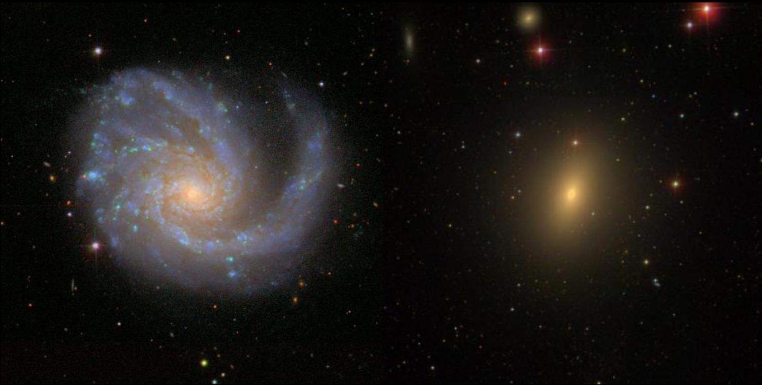 A spiral galaxy ablaze in the blue light of young stars from ongoing star formation (left) and an elliptical galaxy bathed in the red light of old stars (right). - Image Credit: Sloan Digital Sky Survey, CC BY-NC.