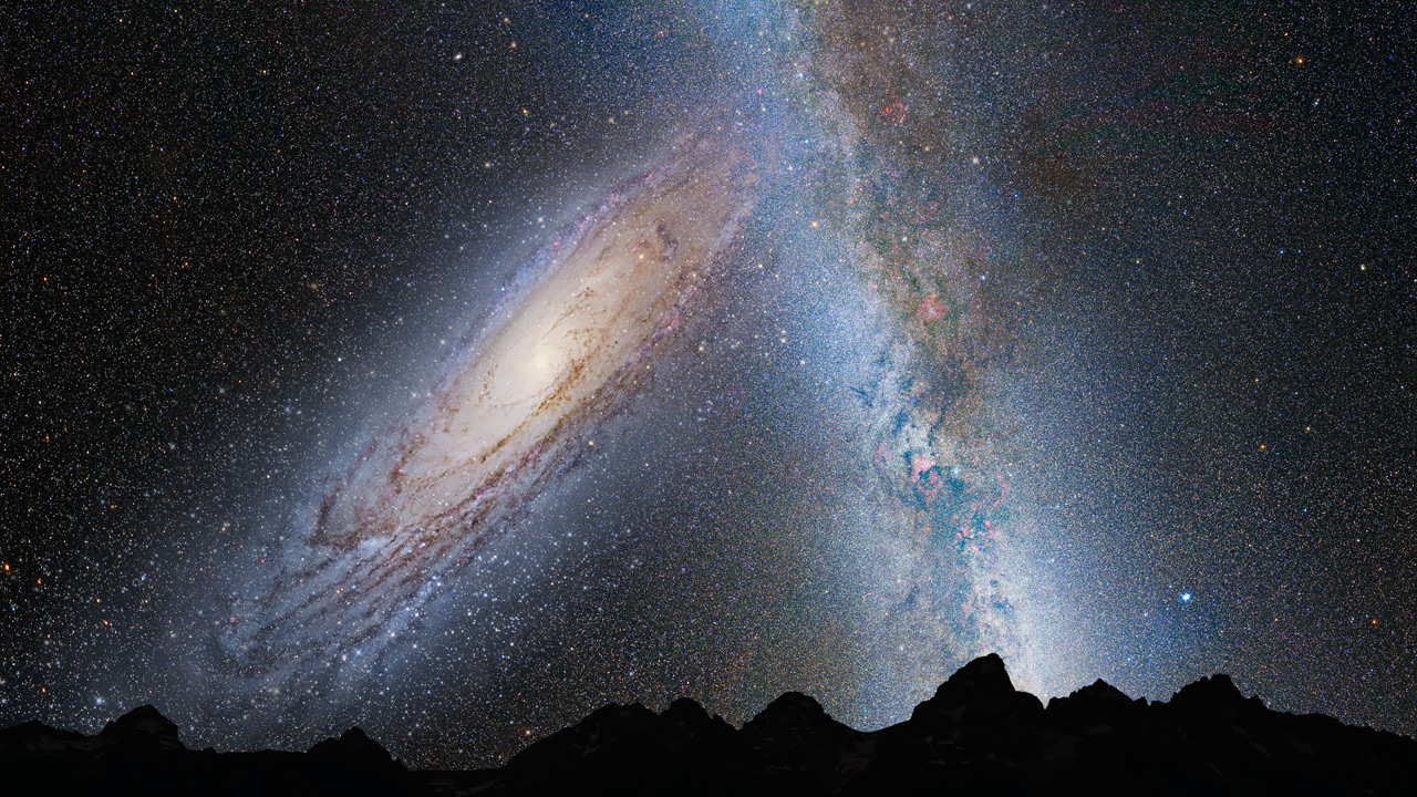 An artist’s impression of the predicted merger between our Milky Way (right) and the neighboring Andromeda galaxy (left). So which galaxy will dominate? - Image Credit: NASA; ESA; Z. Levay and R. van der Marel, STScI; T. Hallas; and A. Mellinger