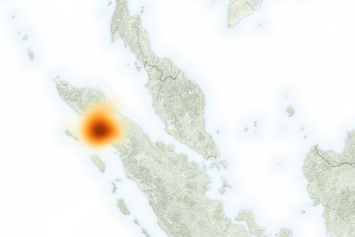Map showing concentrations of sulfur dioxide (SO²) due to the eruption of Mount Sinabung on the island of Sumatra, Indonesia. - Image Credit: NASA/EO