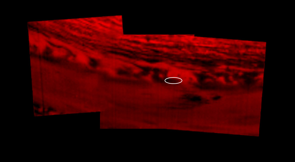 This montage of images, made from data obtained by Cassini’s visual and infrared mapping spectrometer, shows the location on Saturn where the NASA spacecraft entered Saturn’s atmosphere on Sept. 15, 2017. - Image Credits: NASA/JPL-Caltech/University of Arizona