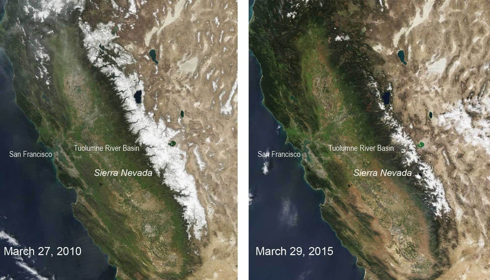 Snow cover in California’s Sierra Nevada mountains in an average snowfall year versus a drought year. Snowpack is an important water source for western states. - Image Credit: NASA/Modis