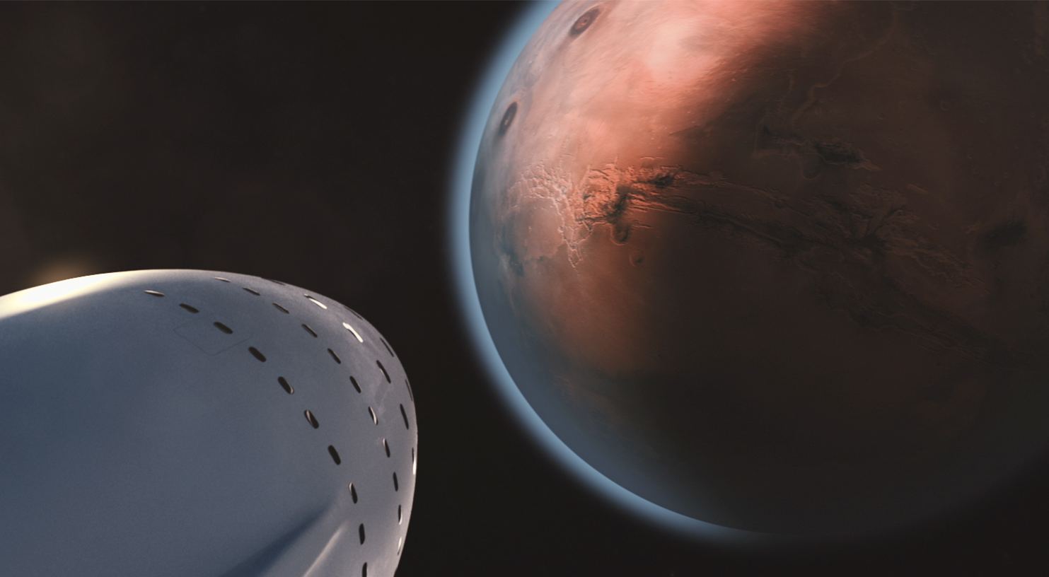 Artist's impression of the the Interplanetary Spacecraft approaching Mars. - Image Credit: SpaceX