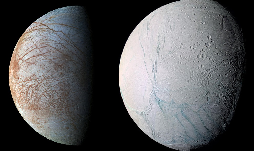 The moons of Europa and Enceladus, as imaged by the Galileo and Cassini spacecraft. - Image Credit: NASA/ESA/JPL-Caltech/SETI Institute