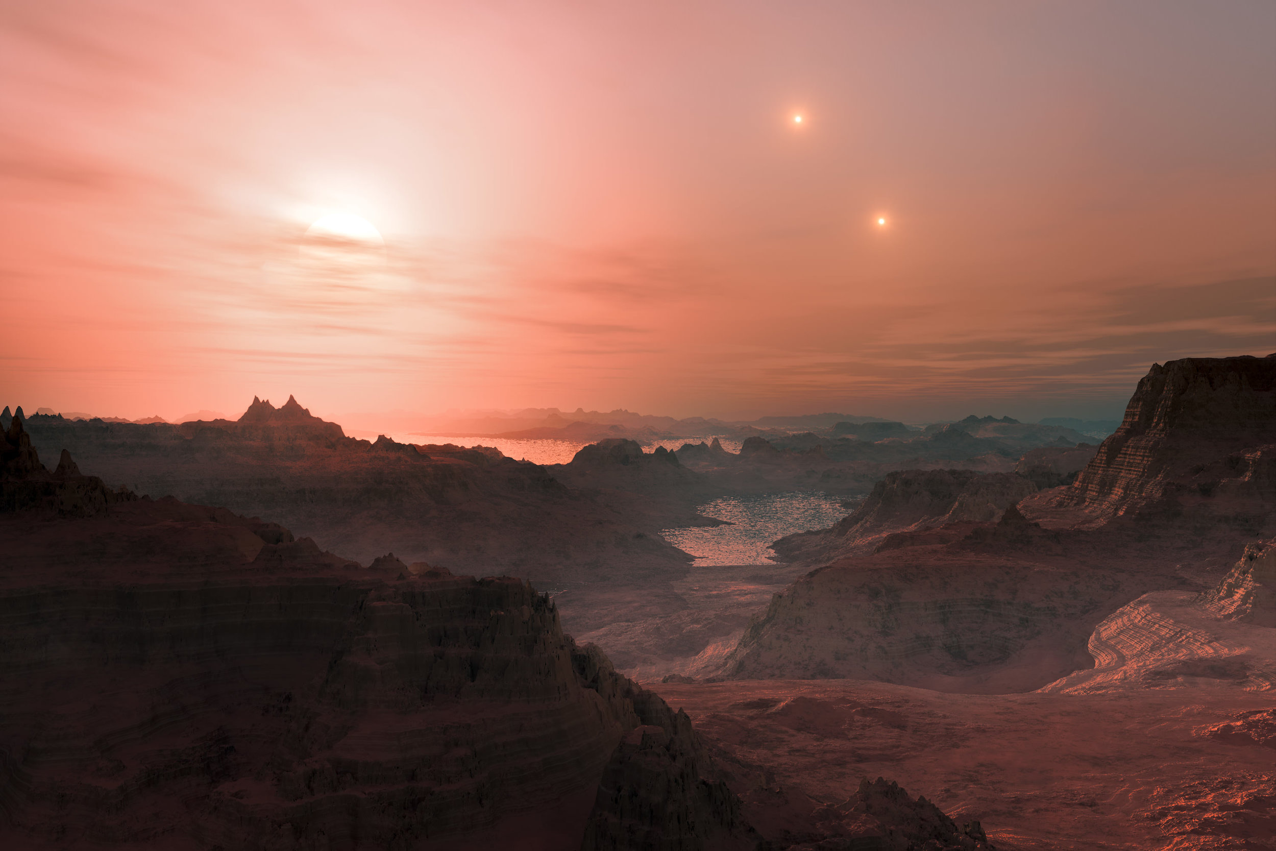 Artist’s impression of a sunset seen from the surface of an Earth-like exoplanet. - Image Credit: ESO/L. Calçada