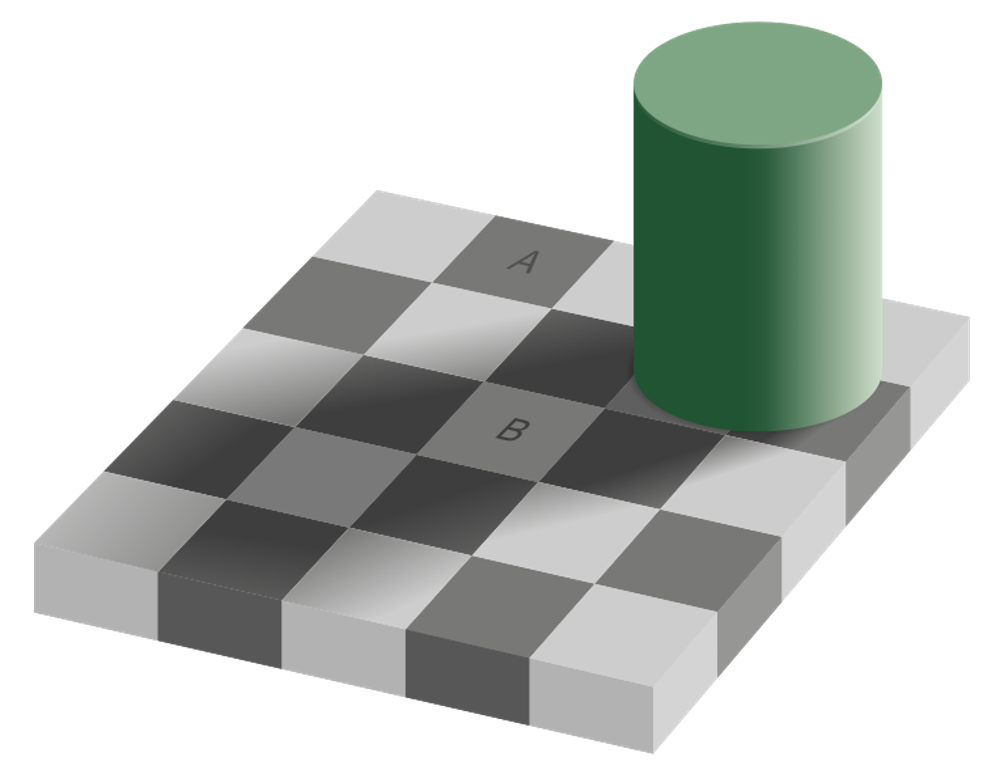 Even though squares A and B are exactly the same colour, our brain interprets them as different. - Image Credit: Sakurambo via Wikimedia Commons , CC BY-ND