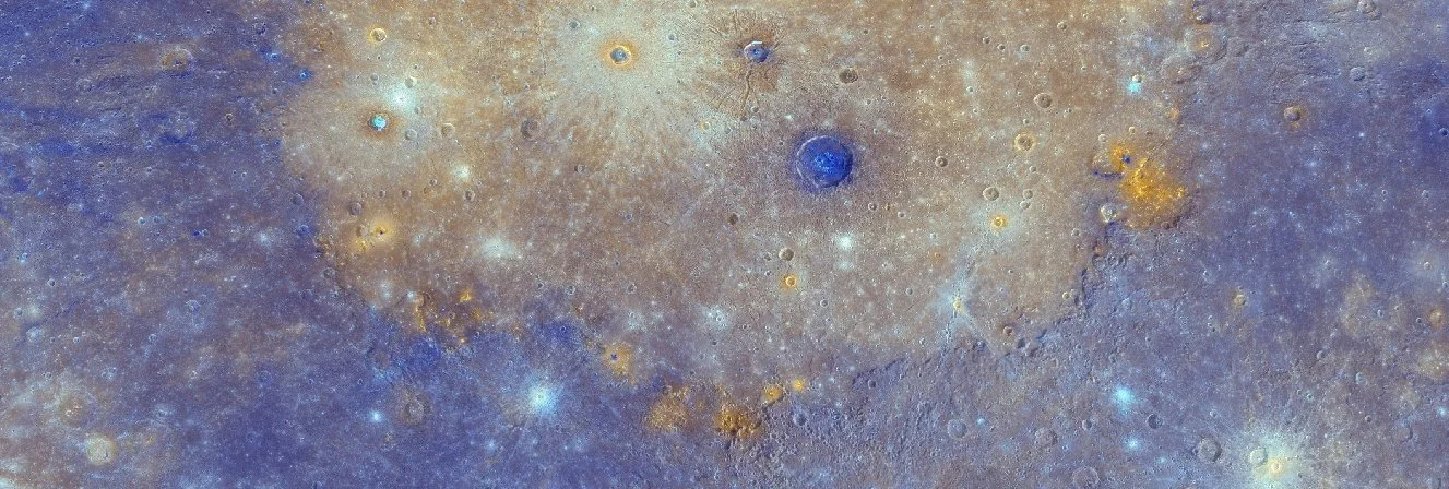 MESSENGER enhanced colour image showing the southern half of Mercury’s Caloris basin, hosting several red spots. - Image Credit: NASA/JHUAPL/CIW , Author provided