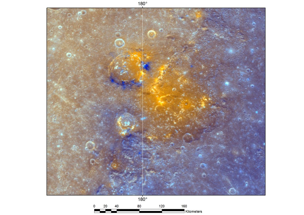 A cluster of overlapping red spots in the southeast of the Caloris basin, named collectively as Slang Faculae, using the Afrikaans word for snake. (Enhanced colour image) - Image Credit: NASA/JHUAPL/CIW