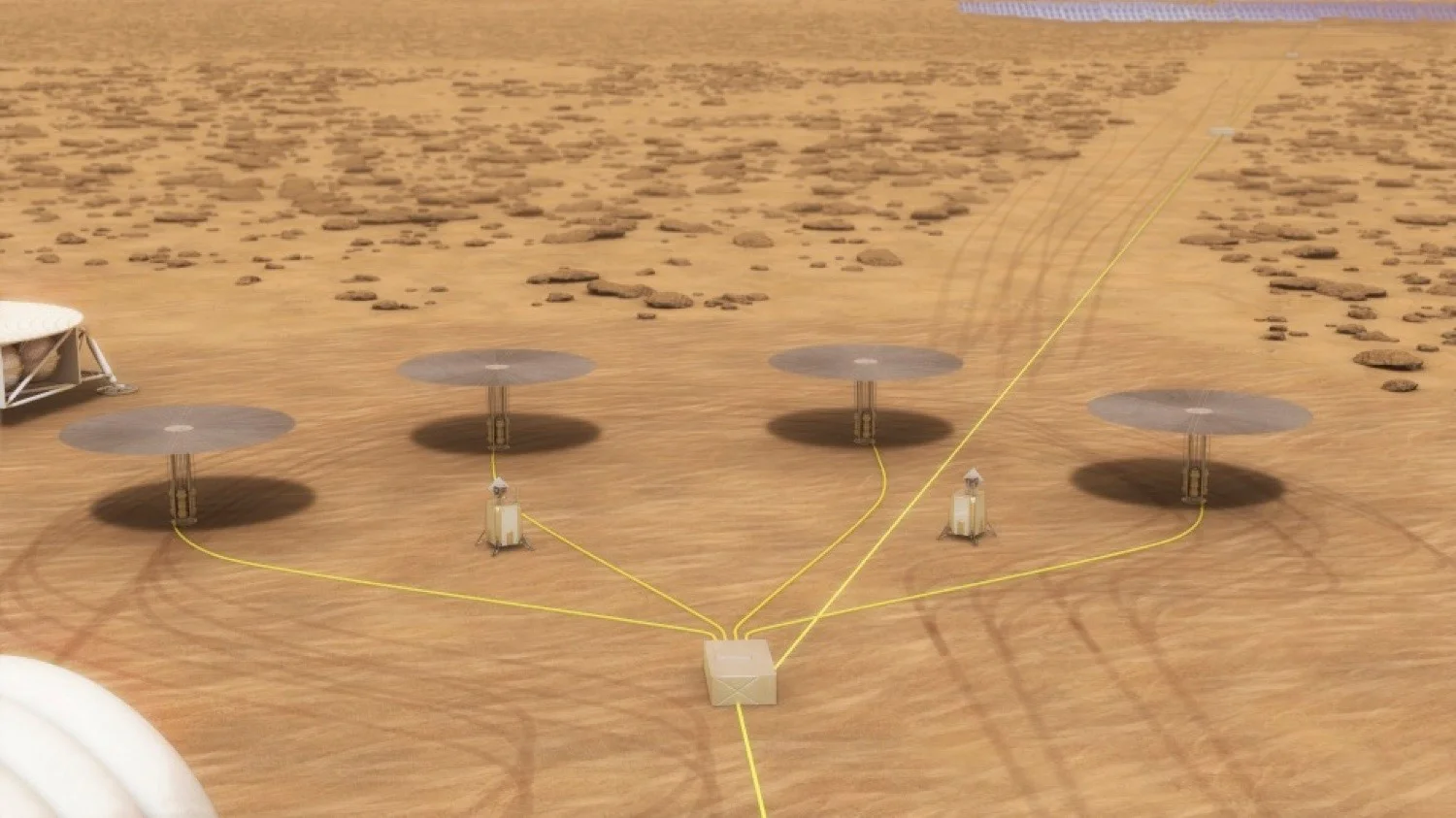 An artist’s depiction of a series of Kilopower reactors, working in concert to power an extraterrestrial outpost. - Image Credit: NASA