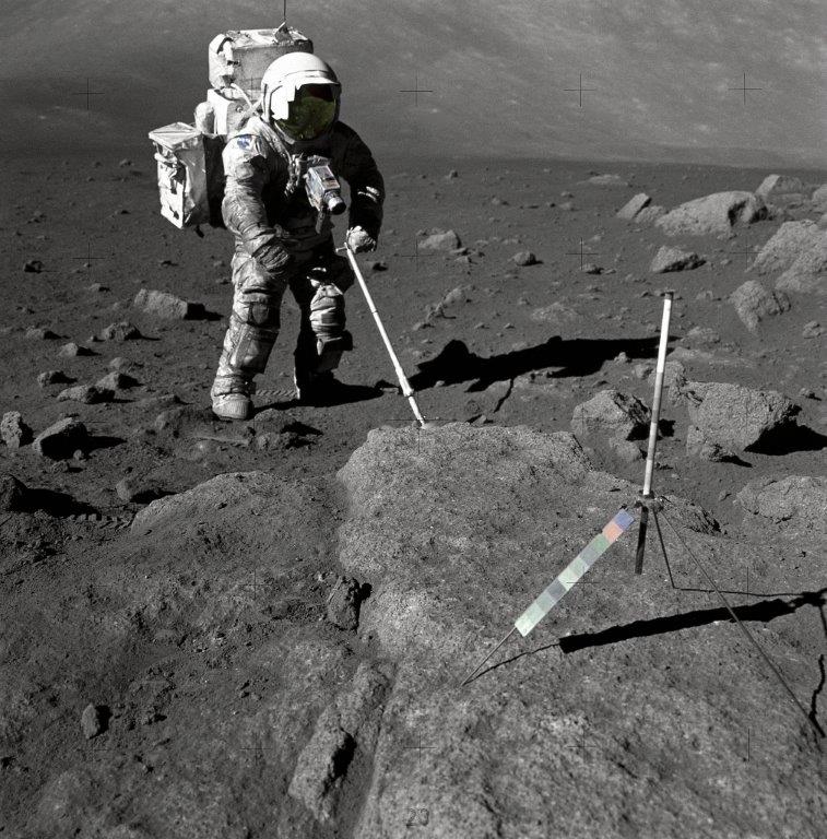 Geologist and astronaut Harrison Schmitt, Apollo 17 lunar module pilot, pictured using an adjustable sampling scoop to retrieve lunar samples during the Apollo 17 mission in December 1972. - Image Credit: NASA. (click to enlarge)