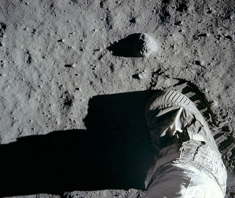 After taking the first boot print photo, Aldrin moved closer to the little rock and took this second shot. The dusty, sandy pebbly soil is also known as the lunar ‘regolith’. - Image Credit: NASA