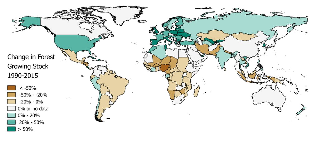 Forests are generally growing back in more developed countries. - Image Credit: Kauppi et al (2018)