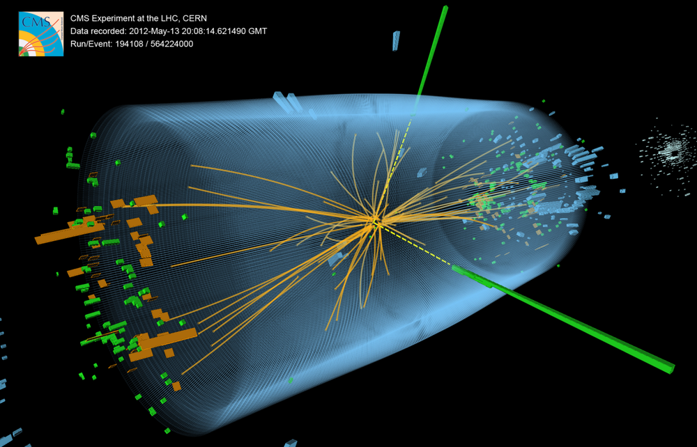 3D view of an event recorded at the CERN particle accelerator showing characteristics expected from the decay of the SM Higgs boson to a pair of photons (dashed yellow lines and green towers). McCauley, Thomas; Taylor, Lucas; for the CMS Collaboration CERN via Wikimedia Commons
