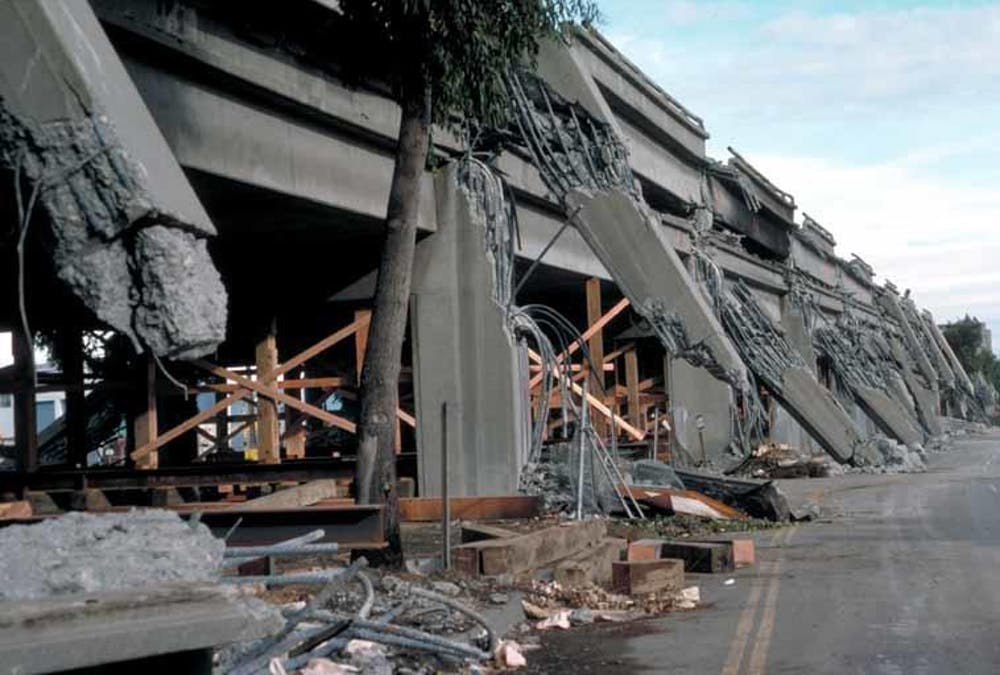 Concrete piers supporting the Cypress Street Viaduct in Oakland, California, broke like matchsticks during the Loma Prieta earthquake in 1989. - Image Credit: H.G.Wilshire/USGS