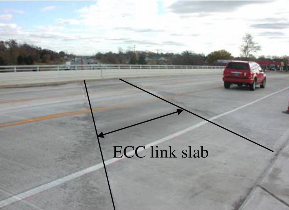 This ECC link slab, which replaced a conventional expansion joint on a Michigan bridge deck, has lasted over a decade without repair or maintenance. - Image Credit: Victor Li, CC BY-ND