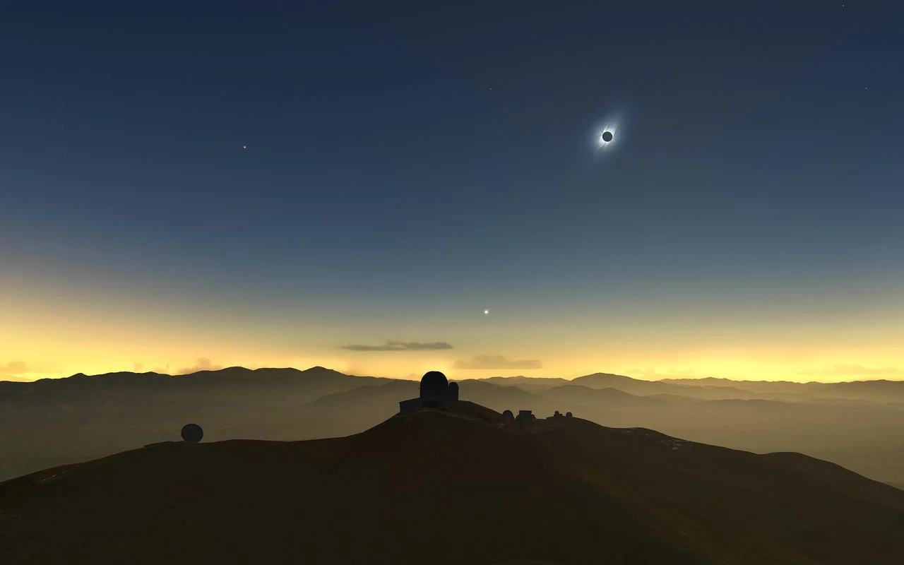 This artist’s impression shows how the total solar eclipse of 2 July 2019 will appear from ESO’s La Silla Observatory in Chile. The sun will be quite low in the western sky and, if the skies are clear, several planets and bright stars should be also visible. - Image Credit: M. Druckmüller, P. Aniol, K. Delcourte, P. Horálek, L. Calçada/ESO
