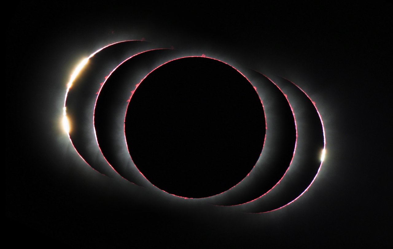 This compound view shows the solar eclipse of 3 November 2013 just before, during, and just after the total phase. At the start and end of the total phase light can shine through lunar valleys to create the diamond ring effect and during the total phase many red prominences and the Sun's chromosphere are apparent. - Image Credit: P. Horálek/ESO