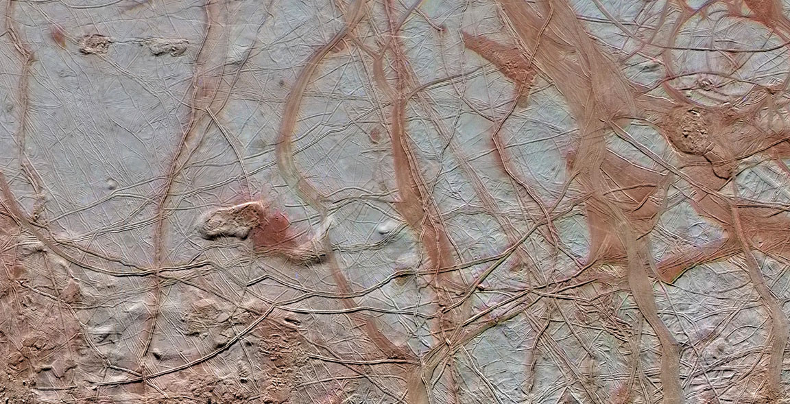 Images from NASA’s Galileo spacecraft show the intricate detail of Europa’s icy surface. - Image Credit: NASA/JPL-Caltech