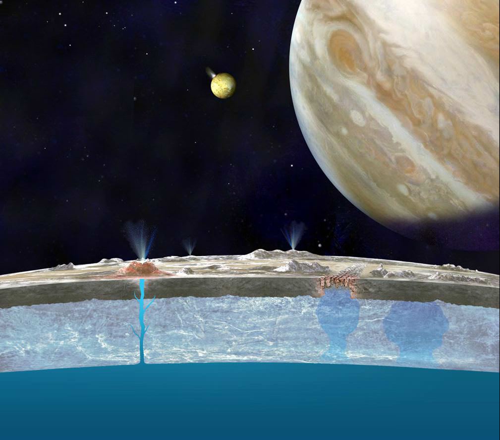 Artist’s impression of water bubbling up from Europa’s interior ocean and breaching the surface ice. - Image Credit: NASA/JPL-Caltech