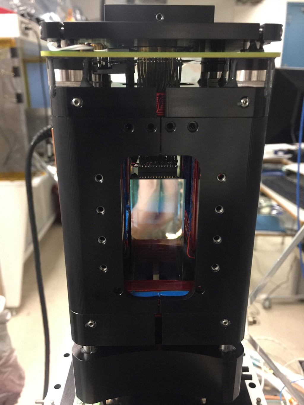 The”physics package” inside the Cold Atom Lab, where ultracold clouds of atoms called Bose-Einstein condensates are produced. - Image Credit: NASA/JPL-Caltech/Tyler Winn (click to enlarge)