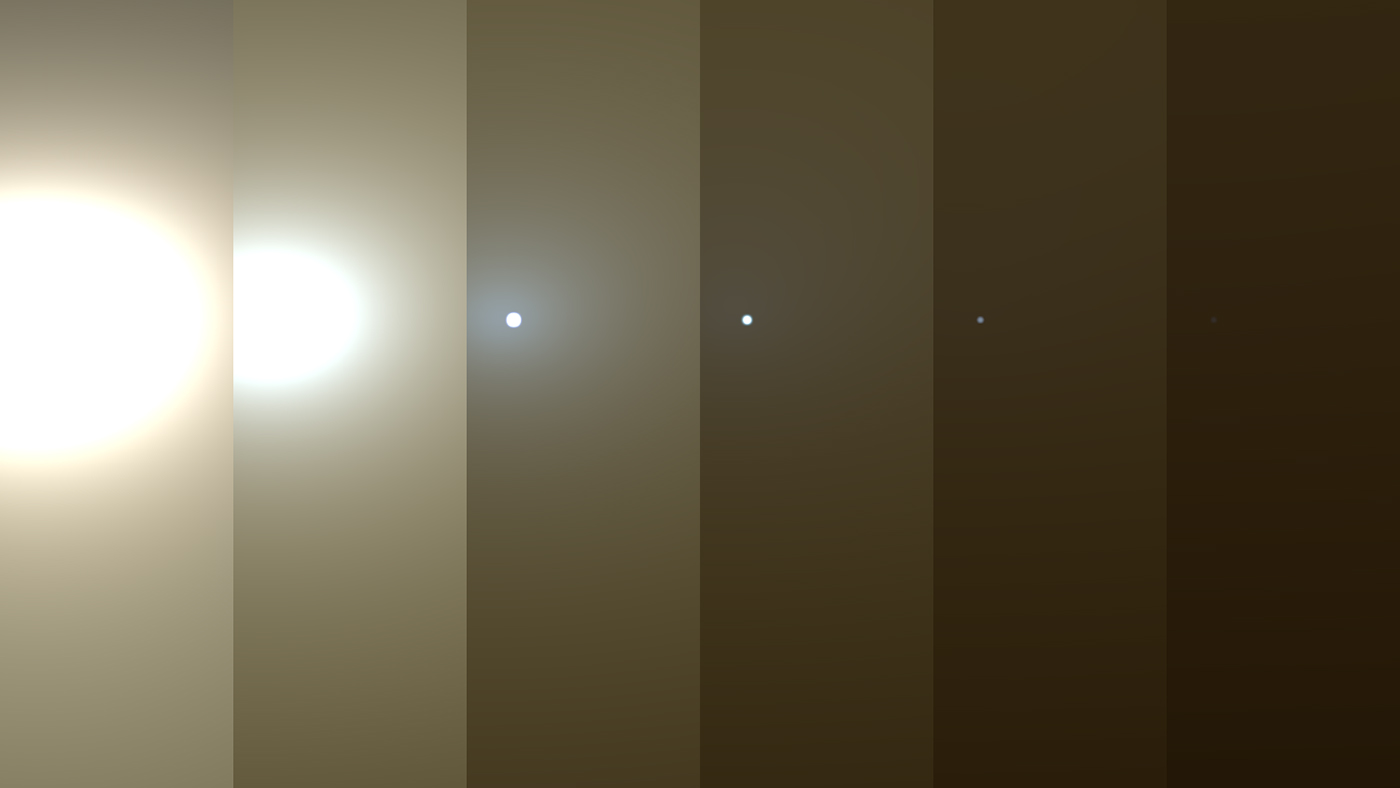 Simulated views of a darkening Martian sky blotting out the Sun from NASA’s Opportunity rover’s point of view, with the right side simulating Opportunity’s view in the global dust storm as of June 2018. - Image Credit: NASA/JPL-Caltech/TAMU