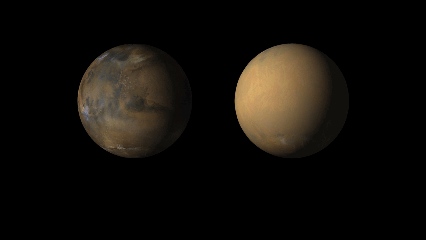 Side-by-side movies shows how dust has enveloped the Red Planet, courtesy of the Mars Color Imager (MARCI) wide-angle camera onboard NASA's Mars Reconnaissance Orbiter (MRO). - Image Credits: NASA/JPL-Caltech/MSSS