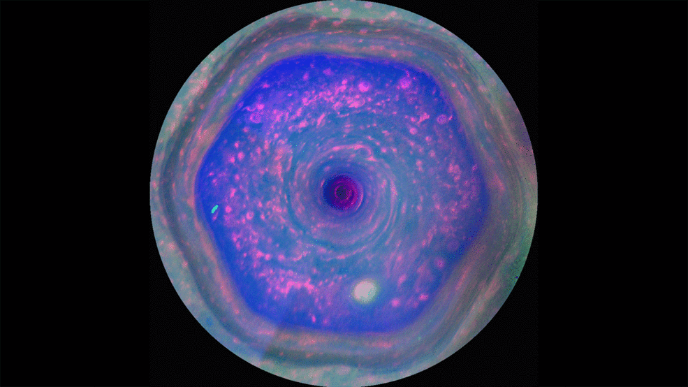 This colorful view from NASA's Cassini mission is the highest-resolution view of the unique six-sided jet stream at Saturn's north pole known as "the hexagon." - Image Credit: NASA/JPL-Caltech/SSI/Hampton University
