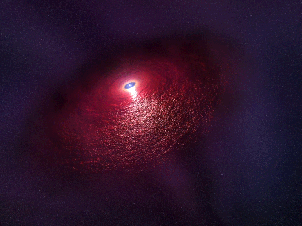 This animation depicts a neutron star (RX J0806.4-4123) with a disk of warm dust that produces an infrared signature as detected by NASA’s Hubble Space Telescope. The disk wasn’t directly photographed, but one way to explain the data is by hypothesizing a disk structure that could be 18 billion miles across. The disk would be made up of material falling back onto the neutron star after the supernova explosion that created the stellar remnant. - Image Credits: NASA, ESA, and N. Tr’Ehnl (Pennsylvania State University)