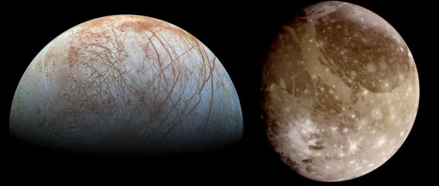 Jupiter’s moons Europa (left) and Ganymede (right.) Both moons likely have subsurface oceans that could harbor life. Image not to scale. - Image Credit: NASA