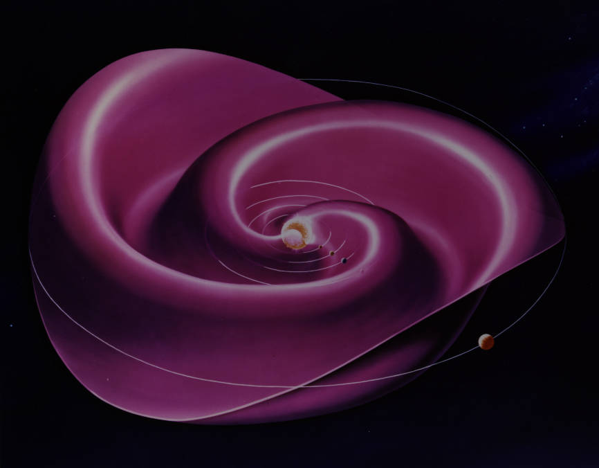 The Sun’s magnetic field, which is embedded in the solar wind, permeates the entire solar system. The current sheet — where the magnetic field changes polarity —spirals out from near the solar equator like a wavy skirt around a ballet dancer’s waist. - Image Credit: Credits: NASA’s Goddard Space Flight Center