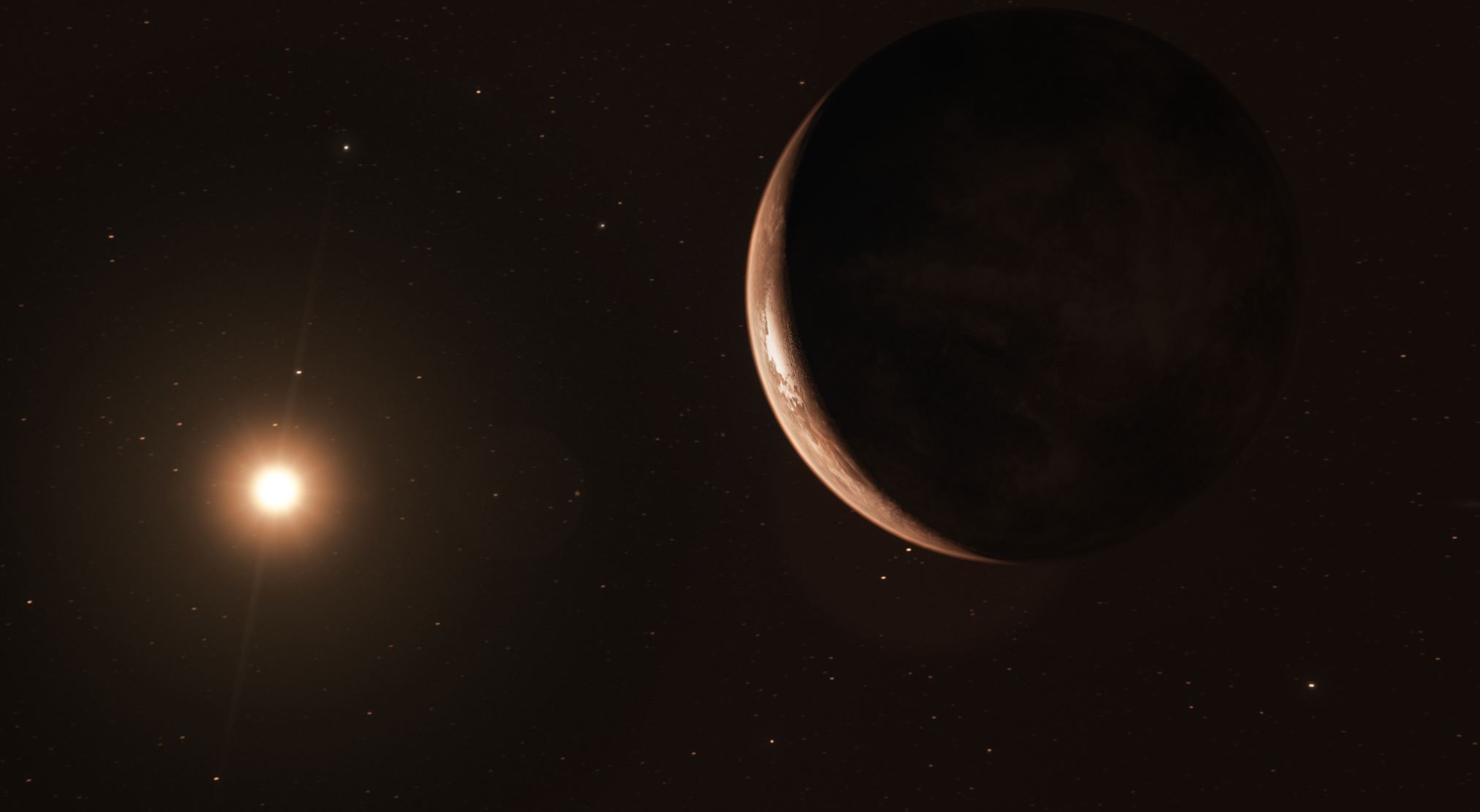 This image shows an artist’s impression of the exoplanet viewed from space. - Image Credit: ESO/M. Kornmesser