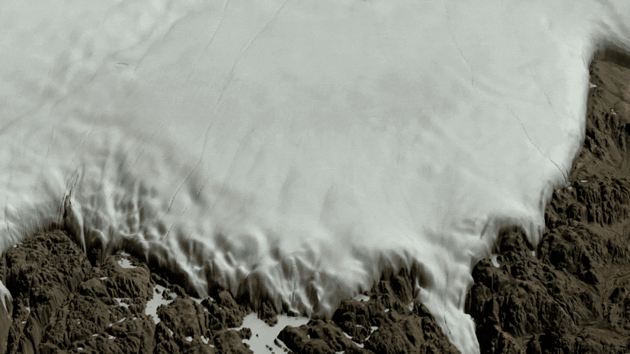 Two views of the Hiawatha crater region: one covered by the Greenland Ice Sheet, the other showing the topography of the rock beneath the ice sheet, including the crater. - Image Credit: NASA/Cindy Starr