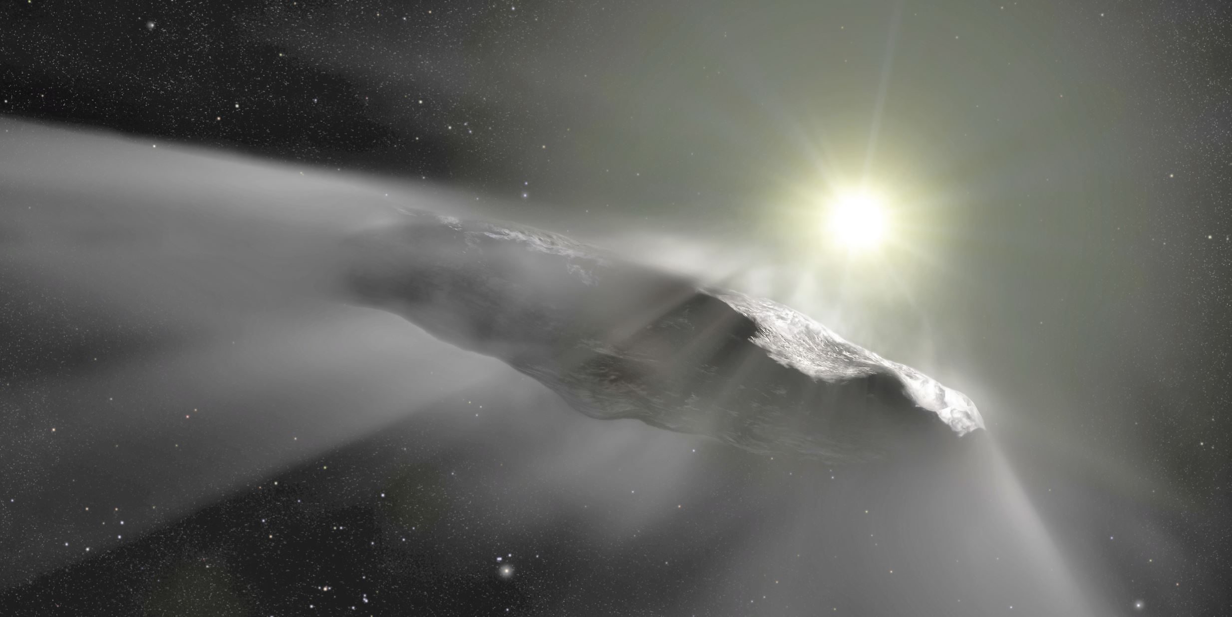 An artist’s impression of `Oumuamua, the first interstellar object discovered in the Solar System. - Image Credit: ESA/Hubble, NASA, ESO, M. Kornmesser , CC BY