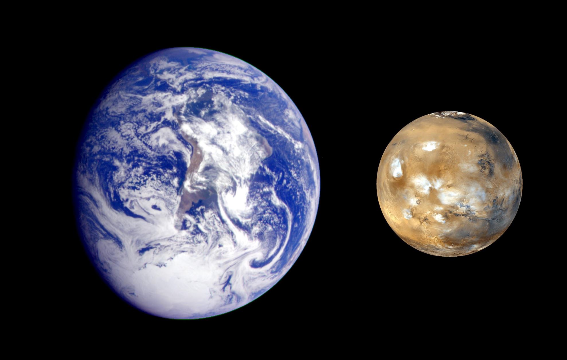 This composite image of Earth and Mars was created to allow viewers to gain a better understanding of the relative sizes of the two planets. - Image Credit: NASA/JPL-Caltech