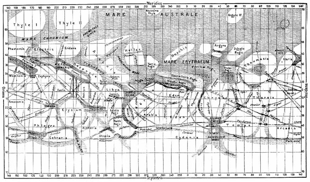 Giovanni Schiaparelli’s map of Mars, compiled over the period 1877-1886. - Image Credit: NASA/Flammarion, La Planète Mars