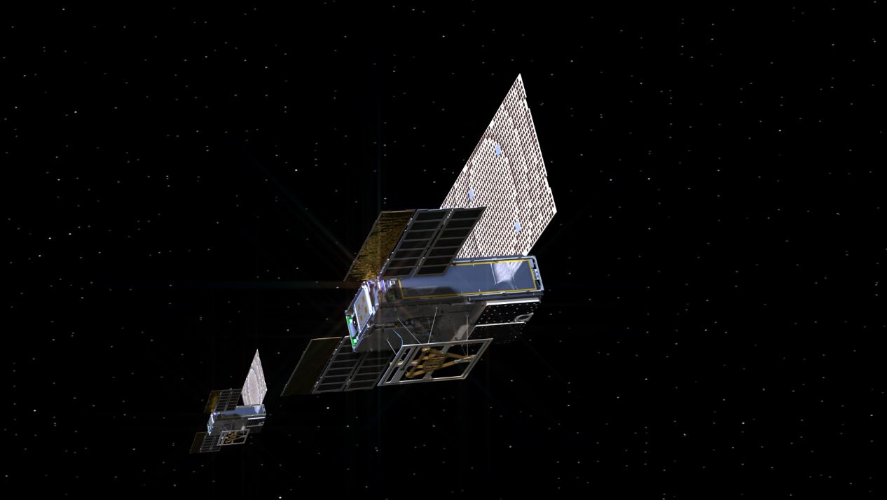 Artist’s impression of the twin Mars Cube One (MarCO) satellites making their way through deep space. - Image Credit: NASA/JPL-Caltech