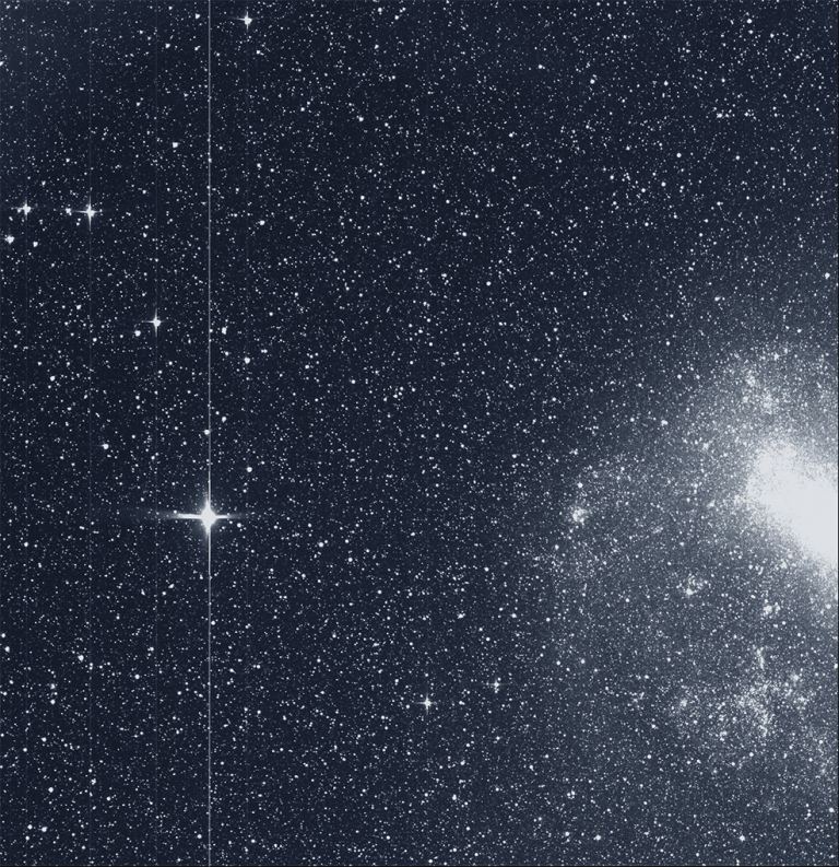 This is TESS’s First Light image. On the left is the star R Doradus, and on the right is the Large Magellanic Cloud. -Image Credit: By NASA/MIT/TESS