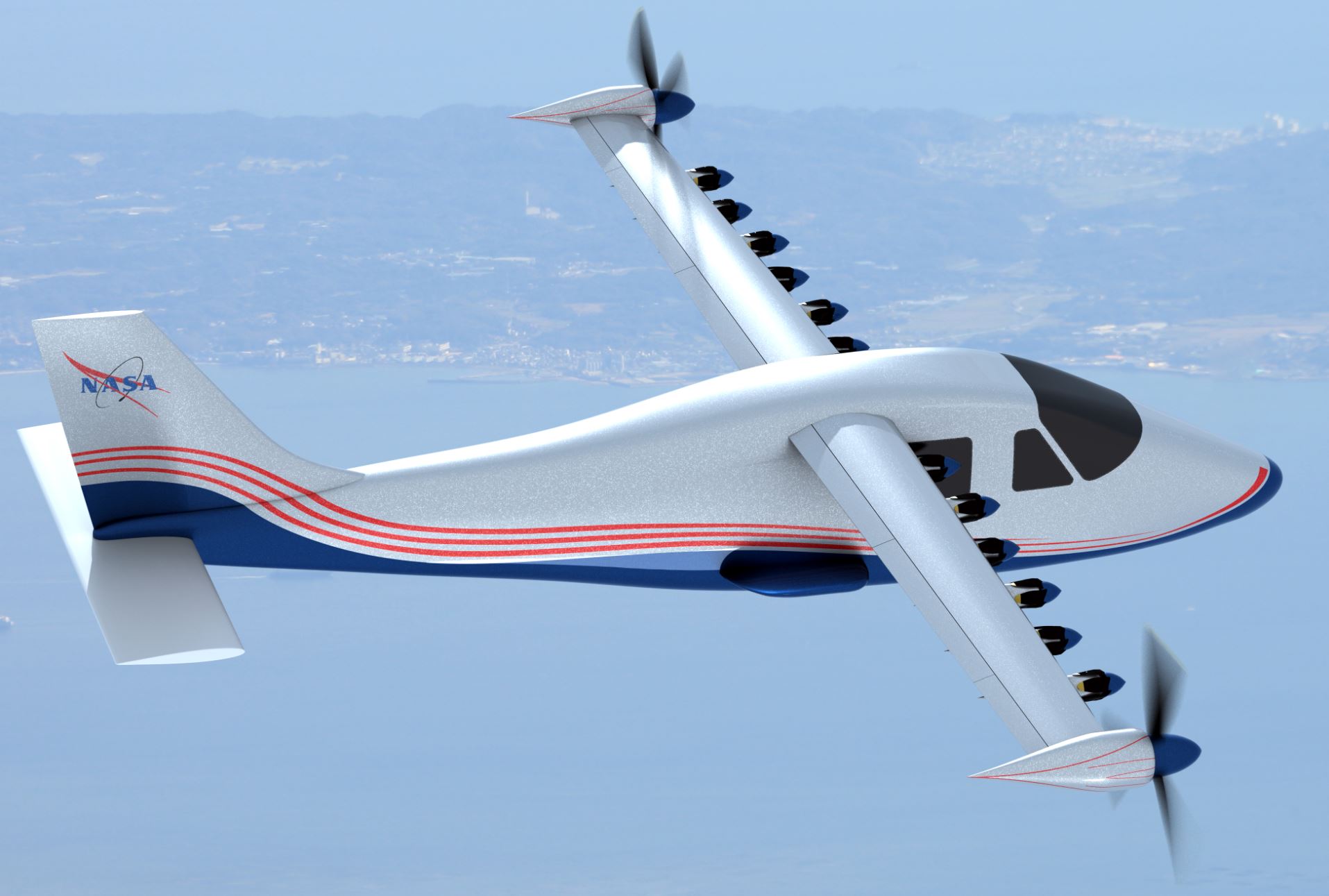 This artist’s concept of NASA’s experimental electric plane design shows 14 motors along the wings - Image Credit: NASA