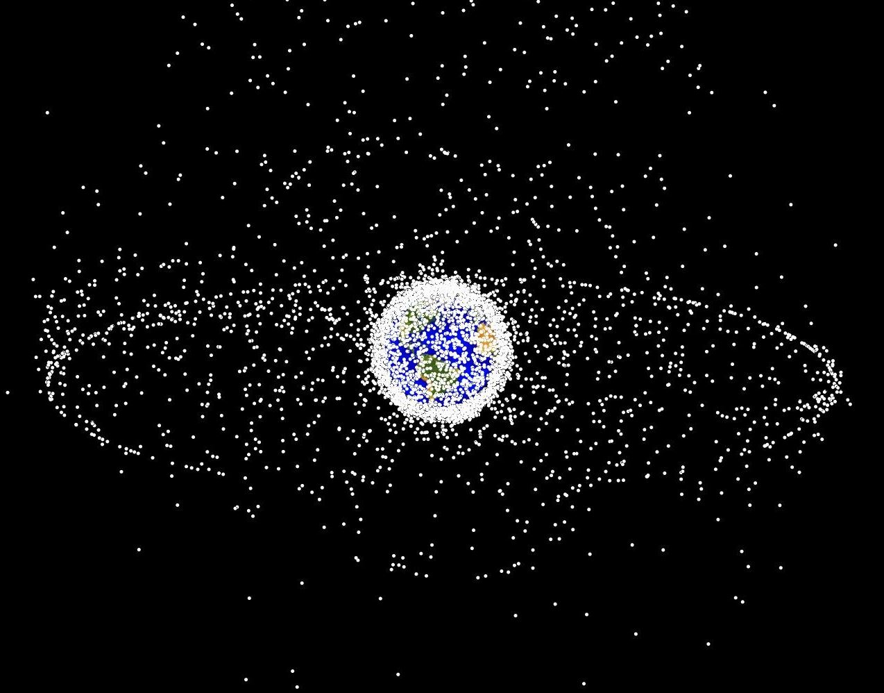 A computer-generated image of objects in Earth orbit that are currently being tracked. Approximately 95 percent of the objects in this illustration are orbital debris, i.e., not functional satellites. The dots represent the current location of each item. The orbital debris dots are scaled according to the image size of the graphic to optimize their visibility and are not scaled to Earth. The image provides a good visualization of where the greatest orbital debris populations exist. - Image Credit: NASA