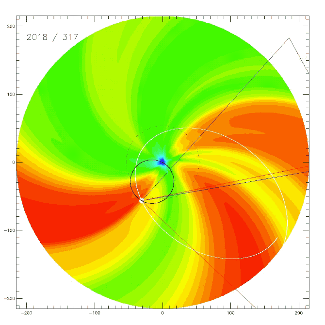 Numerical models provide a global context for interpreting Parker Solar Probe observations. This animation is from a model showing how the solar wind flows out from the Sun, with the perspective of Parker Solar Probe’s WISPR instrument overlaid. - Image Credits: Predictive Science Inc.