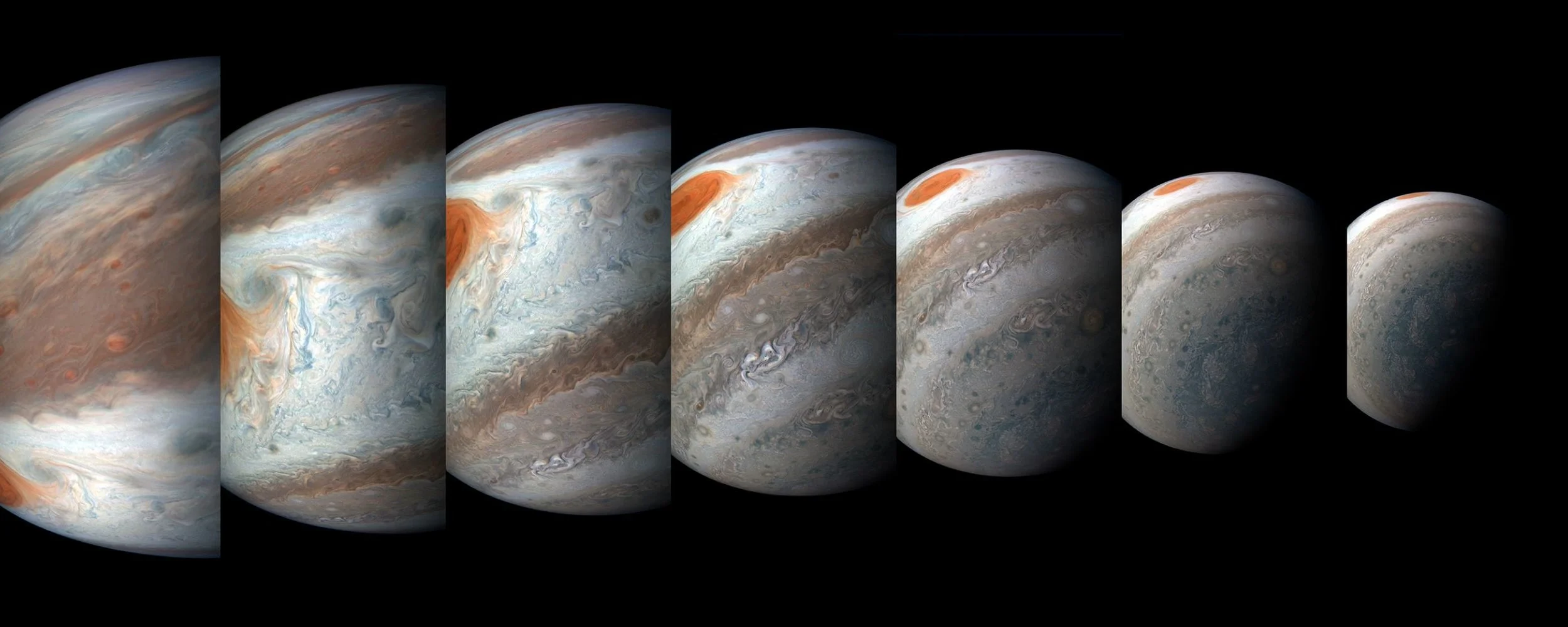 A south tropical disturbance has just passed Jupiter's iconic Great Red Spot and is captured stealing threads of orange haze from the Great Red Spot in this series of color-enhanced images from NASA's Juno spacecraft. From left to right, this sequen…