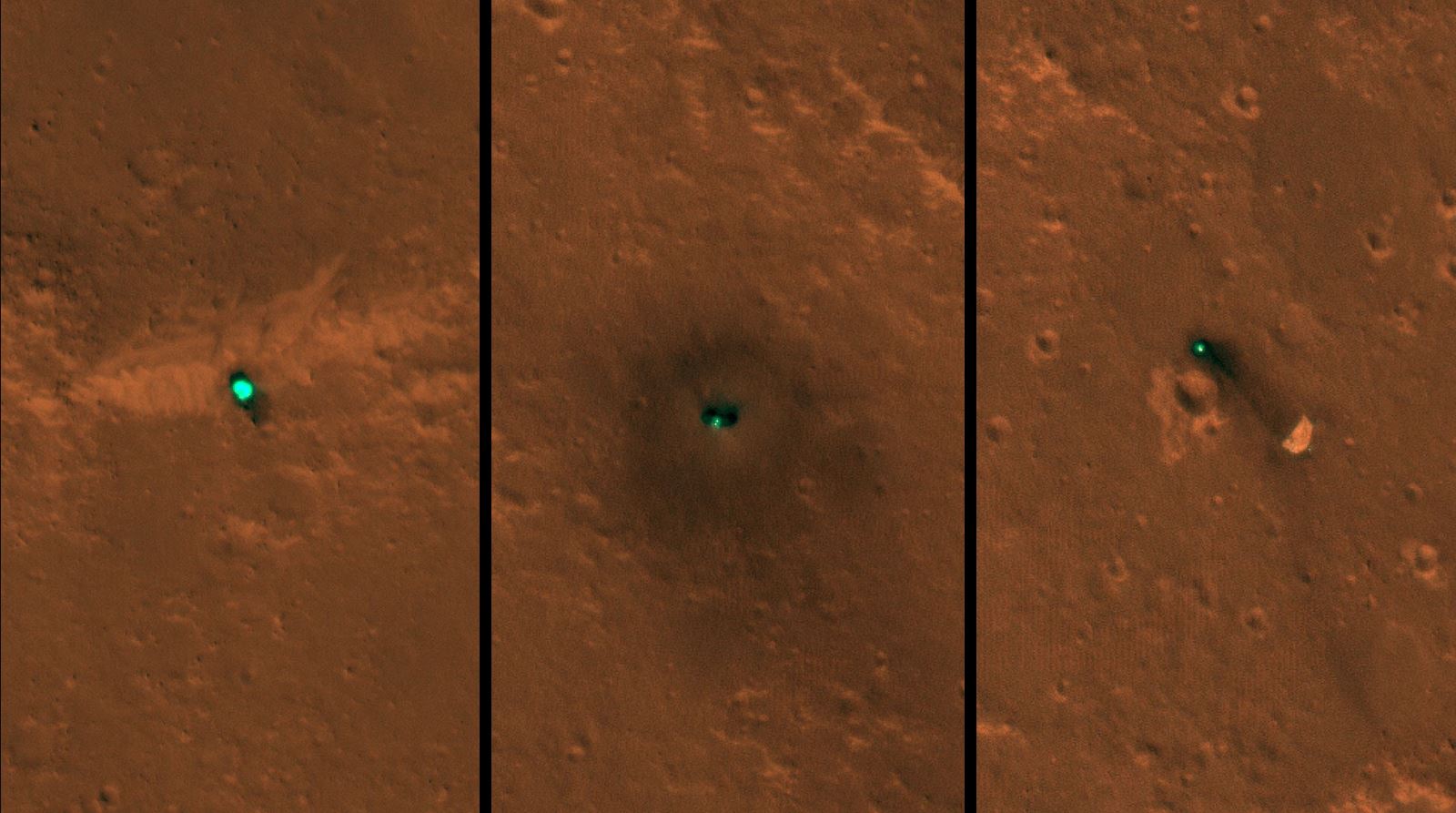 NASA's InSight spacecraft, its heat shield and its parachute were imaged on Dec. 6 and 11 by the HiRISE camera onboard NASA's Mars Reconnaissance Orbiter. - Image Credit: NASA/JPL-Caltech/University of Arizona