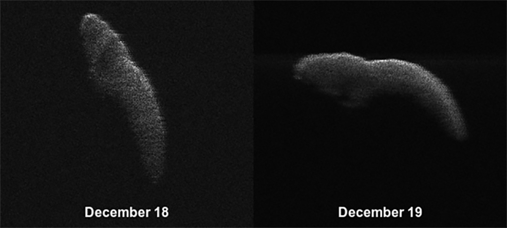 These two radar images of near-Earth asteroid 2003 SD220 were obtained on Dec. 18 and 19 by coordinating observations with the Arecibo Observatory's 1,000-foot (305-meter) antenna in Puerto Rico and the National Science Foundation's (NSF) 330-foot (100-meter) Green Bank Telescope in West Virginia. The radar images reveal the asteroid is at least one mile (1.6 kilometers) long. - Image Credits: NASA/Arecibo/USRA/UCF/GBO/NSF