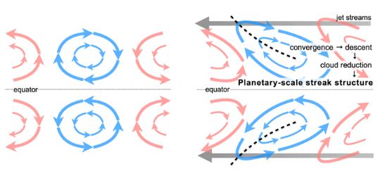 The formation mechanism for the planetary-scale streak structure. The giant vortexes caused by Rossby waves (left) are tilted by the high-latitude jet streams and stretch (right). Within the stretched vortexes, the convergence zone of the streak structure is formed, a downflow occurs, and the lower clouds become thin. Venus rotates in a westward direction, so the jet streams also blow west.