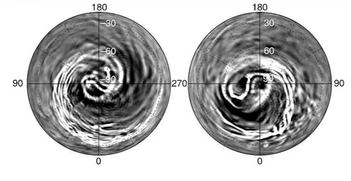 Polar views of the atmospheric streaks in Venus’ atmosphere captured by the IR2 instrument on the Akatsuki spacecraft. C is the south polar view, and D is the north polar view. Image: Kashimura et. al. 2019.