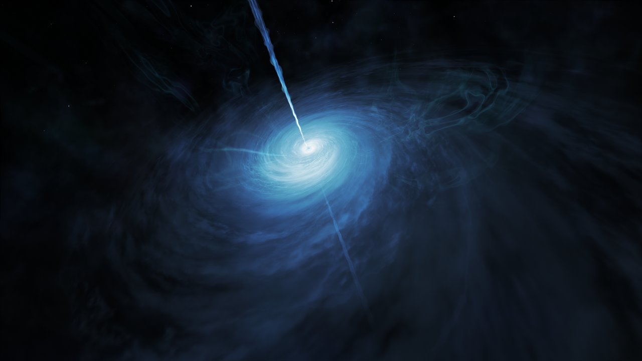 This artist’s impression shows how J043947.08+163415.7, a very distant quasar powered by a supermassive black hole, may look close up. This object is by far the brightest quasar yet discovered in the early Universe. - Image Credit: ESA/Hubble, NASA, M. Kornmesser