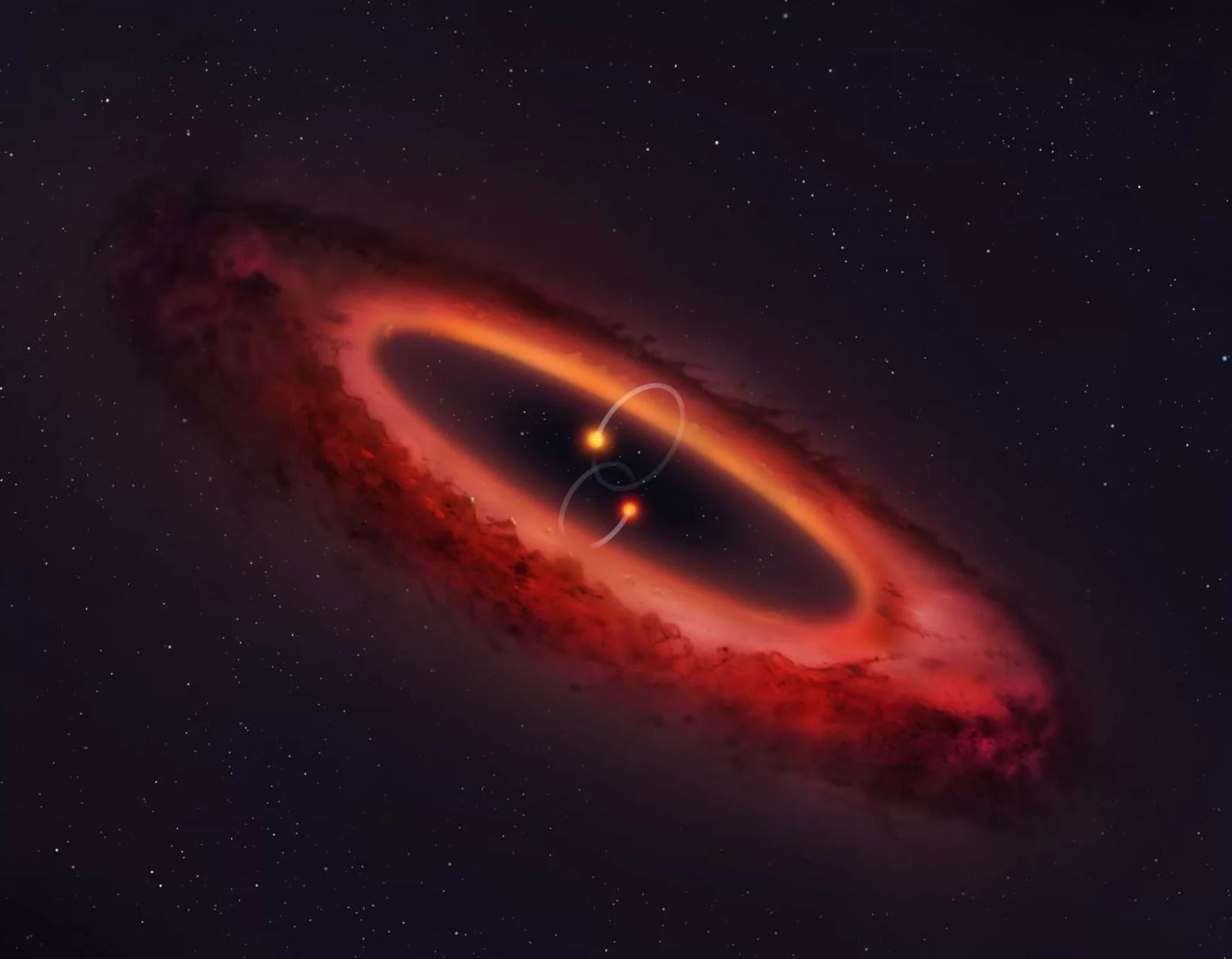 An artist's illustration of the star system HD 98800, which features a pair of stars orbited by a vertical planet-forming disk of material. - Image Credit: Mark Garlick/University of Warwick