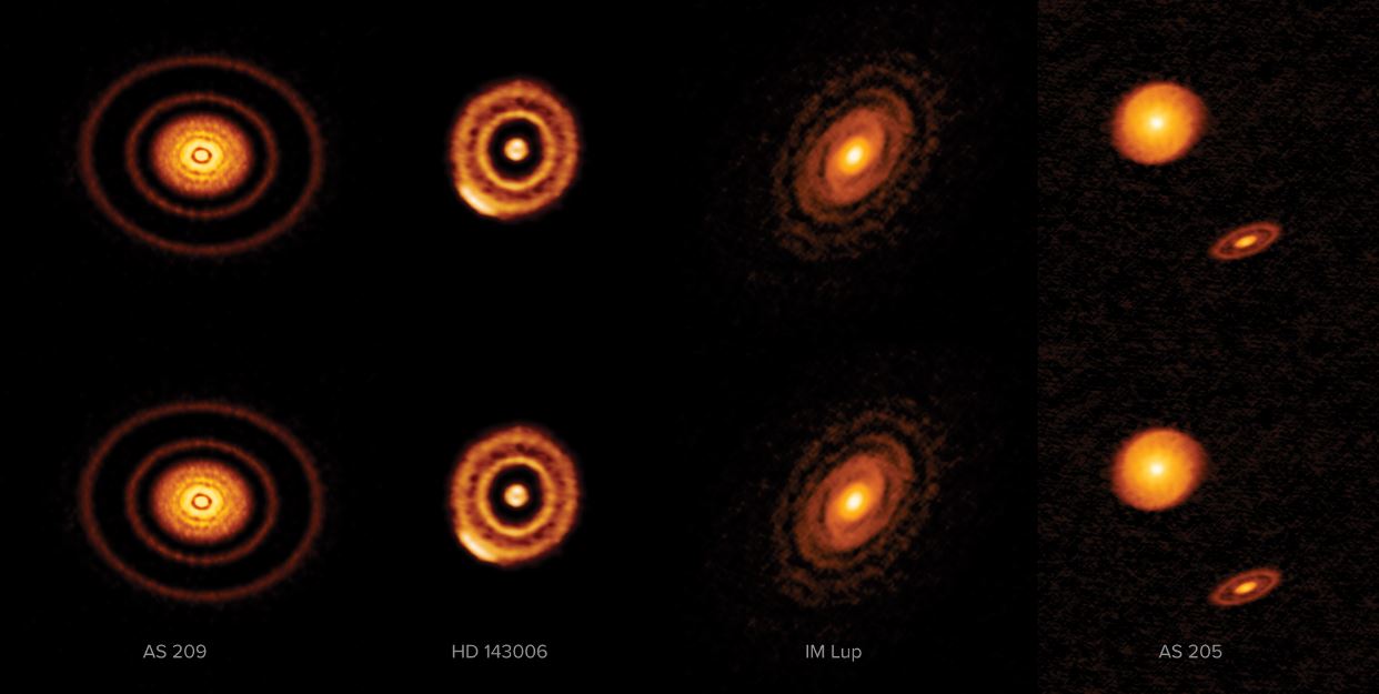 Labeled version of four of the twenty disks that comprise ALMA’s highest resolution survey of nearby protoplanetary disks. - Image Credit: ALMA (ESO/NAOJ/NRAO) S. Andrews et al.; NRAO/AUI/NSF, S. Dagnello
